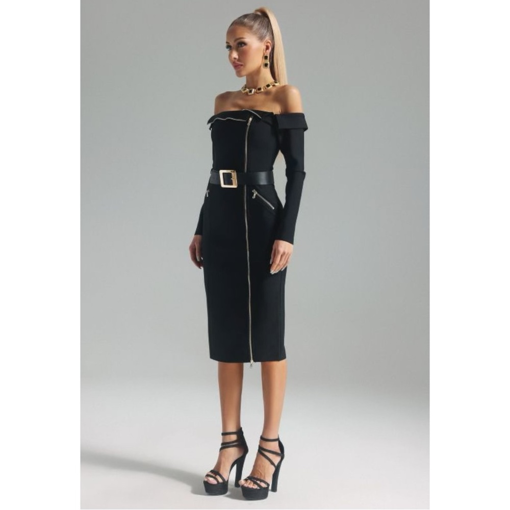 Bella Barnett Idara Dress - Fitted Long Sleeve Strapless Bandage Midi Dress